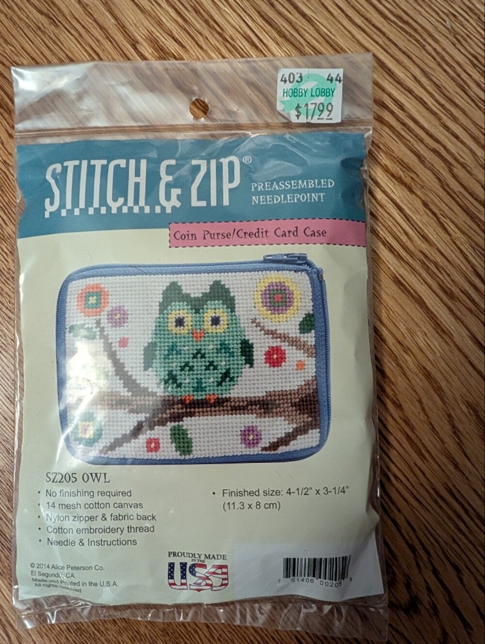 Stitch & Zip 2014 Alice Peterson Coin Purse Case Needlepoint Kit - SZ205 Owl